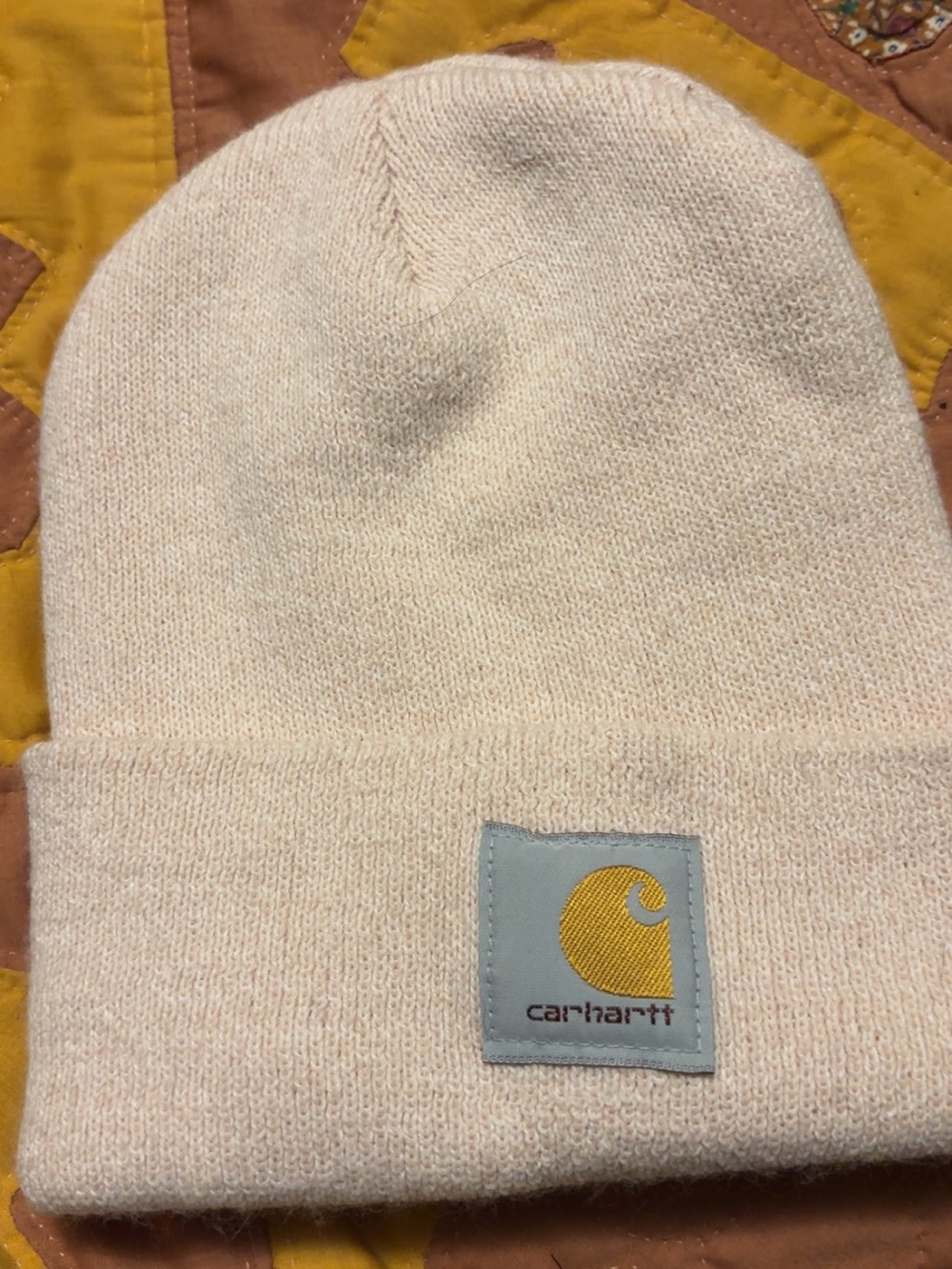 Carhartt adult Light Pink Cuffed Beanie with Yellow Logo Patch